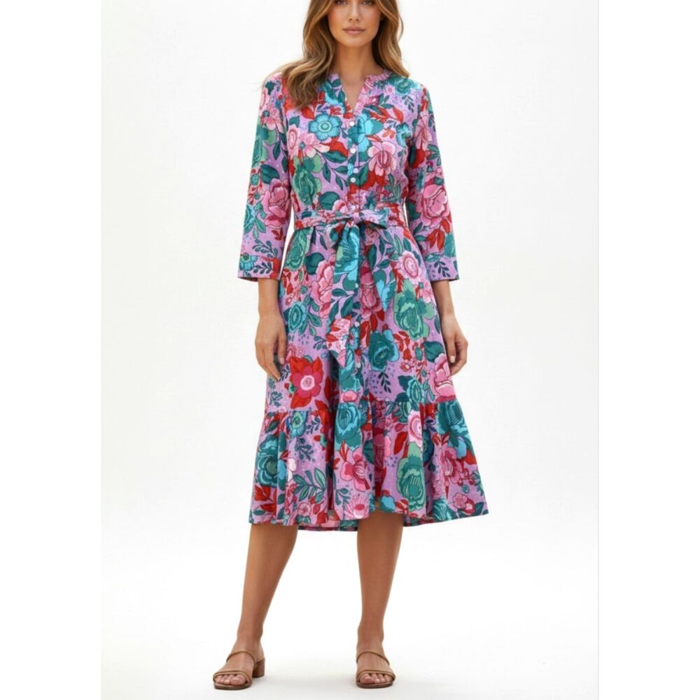 Talbots Sketched Blooms Floral Cotton Shirtdress Belted Button Front Ruffle 6P